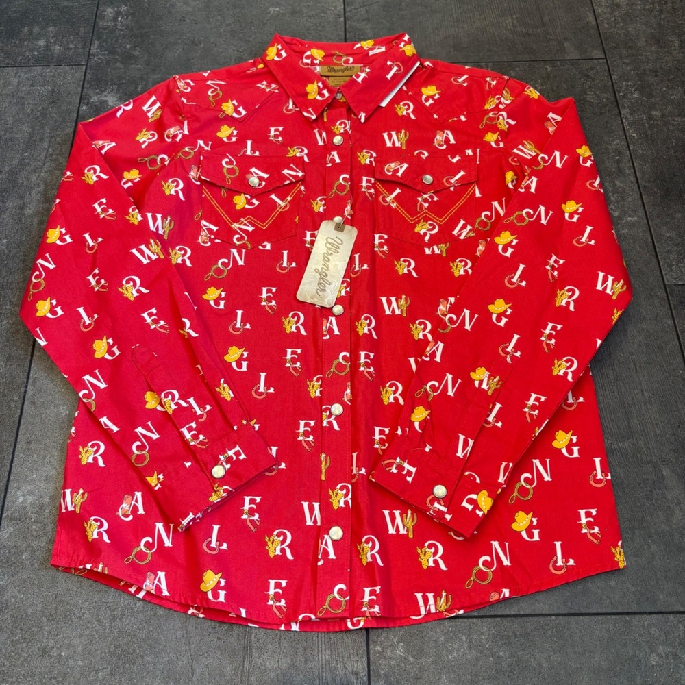 Wrangler Kids Red Western Snap Shirt Novelty Logo Print XL 112329194